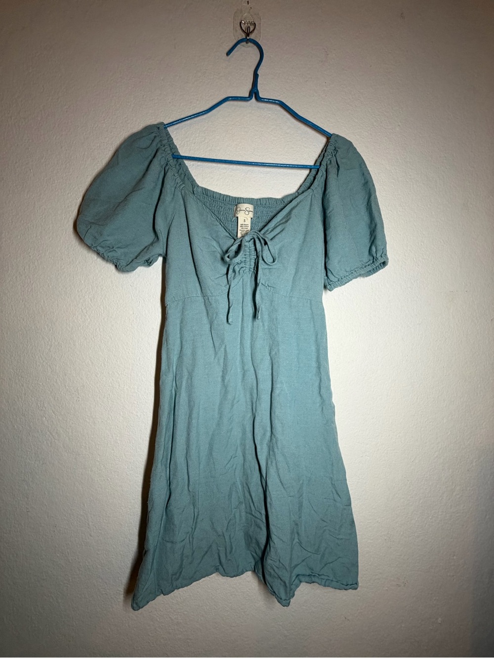 Jessica Simpson Dusty Blue Puff Sleeve Tie-Front Mini Dress